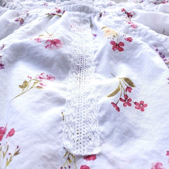 Lands End Cotton Voile Top Size L White Floral Short Puff Sleeve Cottage Prairie - Picture 5 of 8